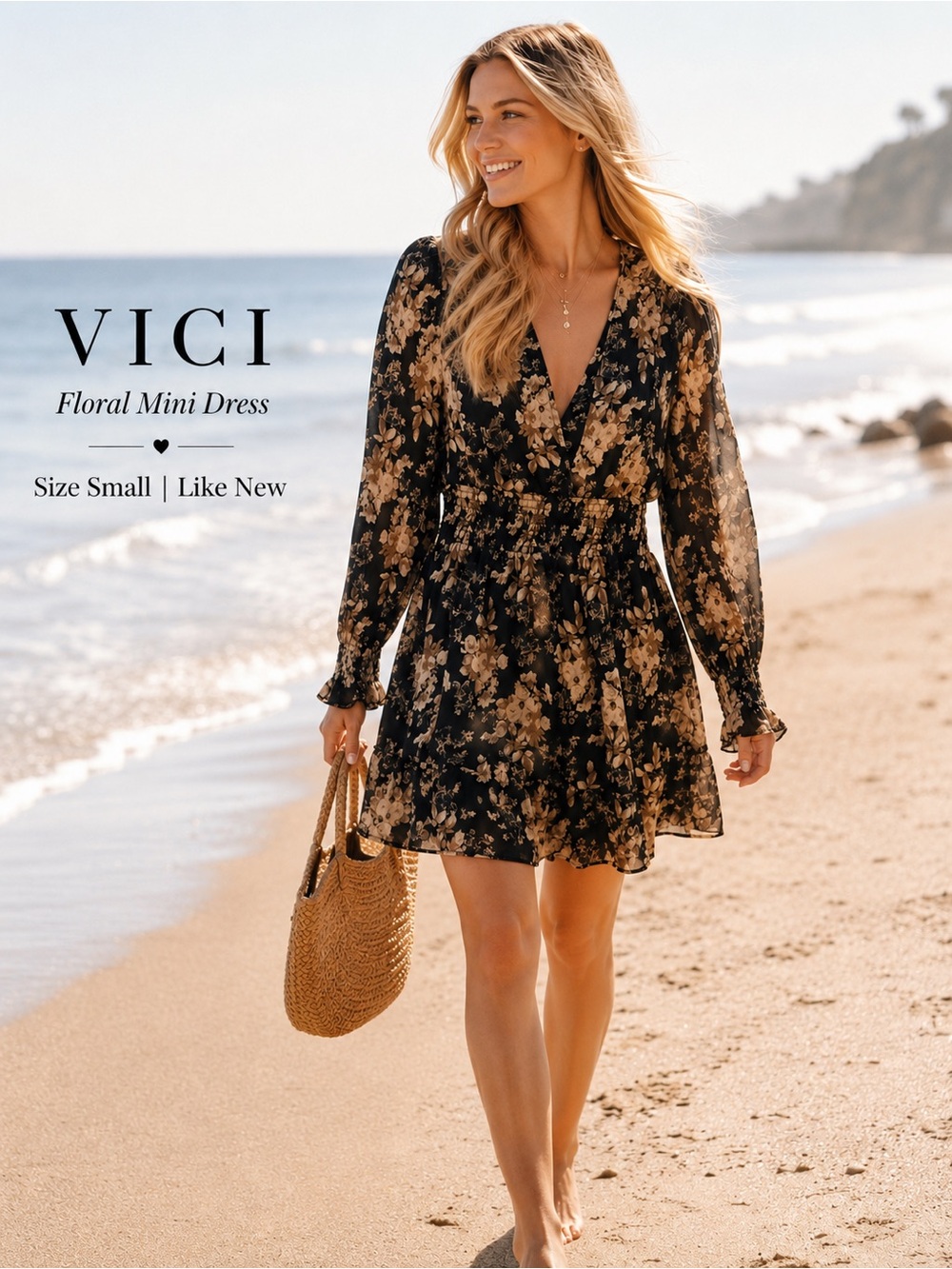 VICI Black and Tan Floral Long-Sleeve Mini Dress